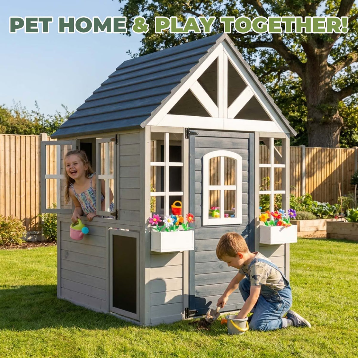Dateyes Wooden Toddler Playhouse 3x4FT Grey Gable House with Chimney, Pretend Kitchen Accessories, Blackboard and Bar Counter for Outdoor Backyard Play