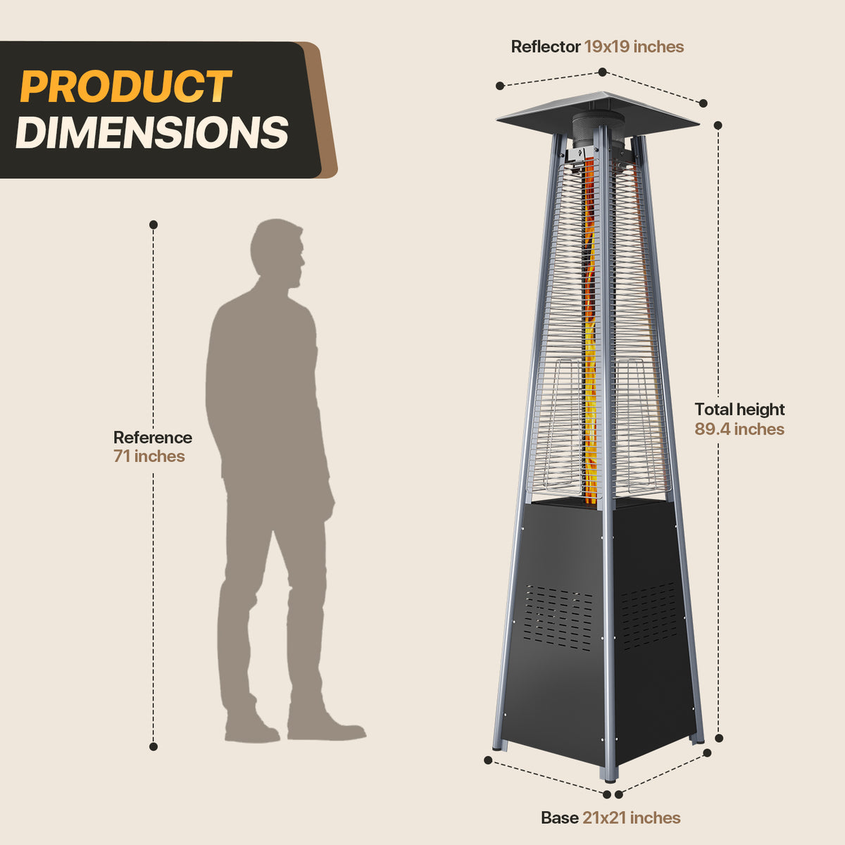 LazySunsets 87 Inch Outdoor Tower Propane Heater, 48000 BTU Black Pyramid Patio Heater with Portable Wheels, Auto Safety Shutoff