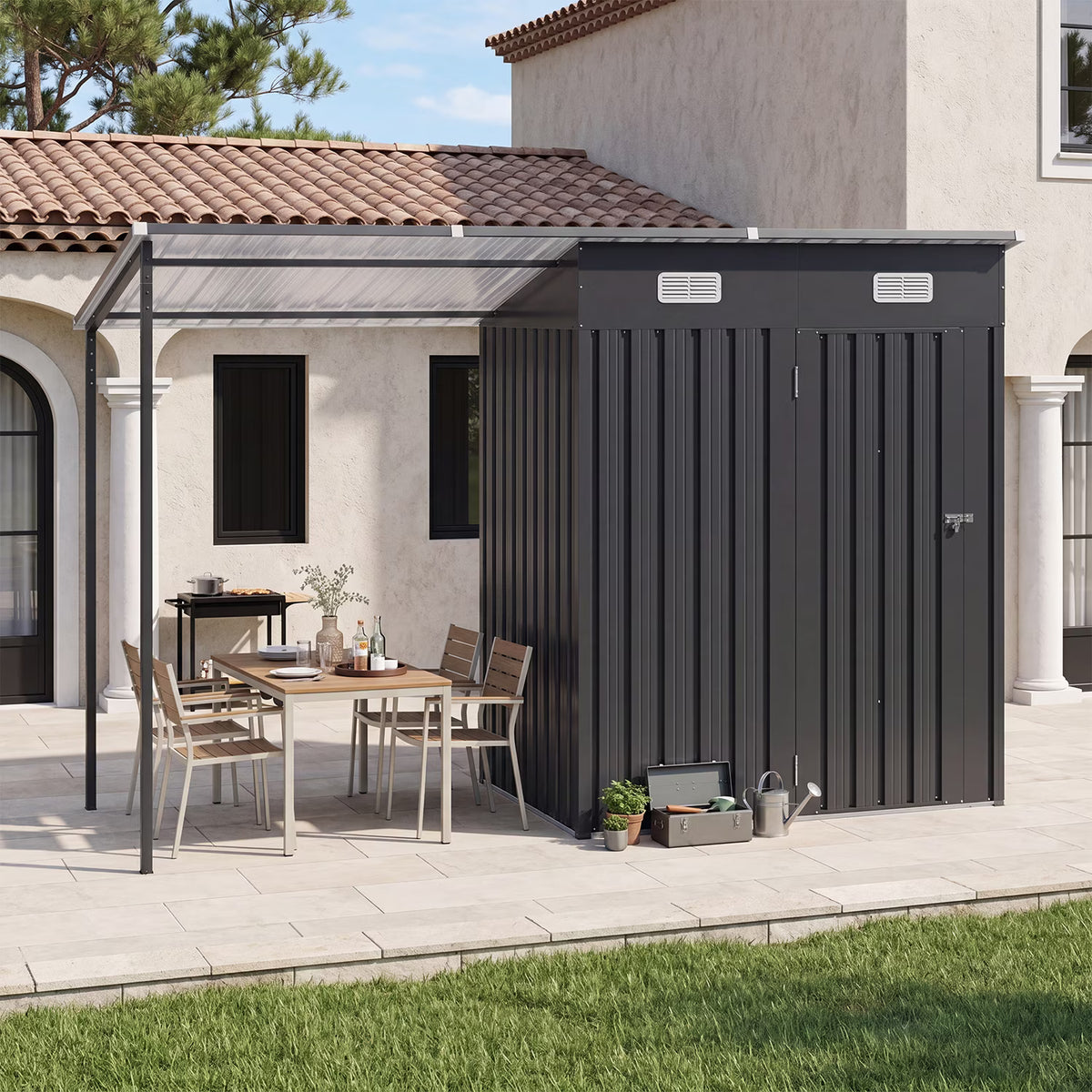 Dateyes Outdoor Storage Shed with Pergola, 10x3 FT Sheds & Hardtop Gazebo Combo with 30 Sq. Ft Covered, 2-in-1 DIY Tool Shed with Attached Hardtop Metal Pergola, Black