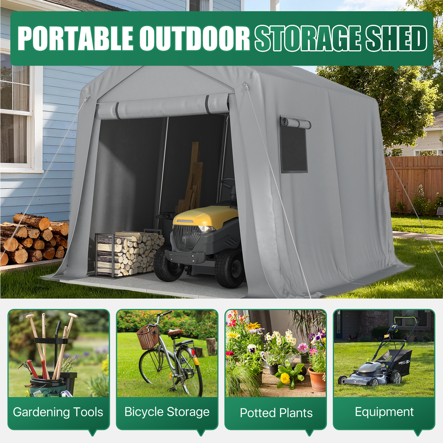 Clouddwell 10x10 FT Outdoor Carport Shed Tent with Roll-Up Mesh Windows & Reinforced Frame, Portable Storage Shed for Patio Furniture & Equipment Storage, Gray