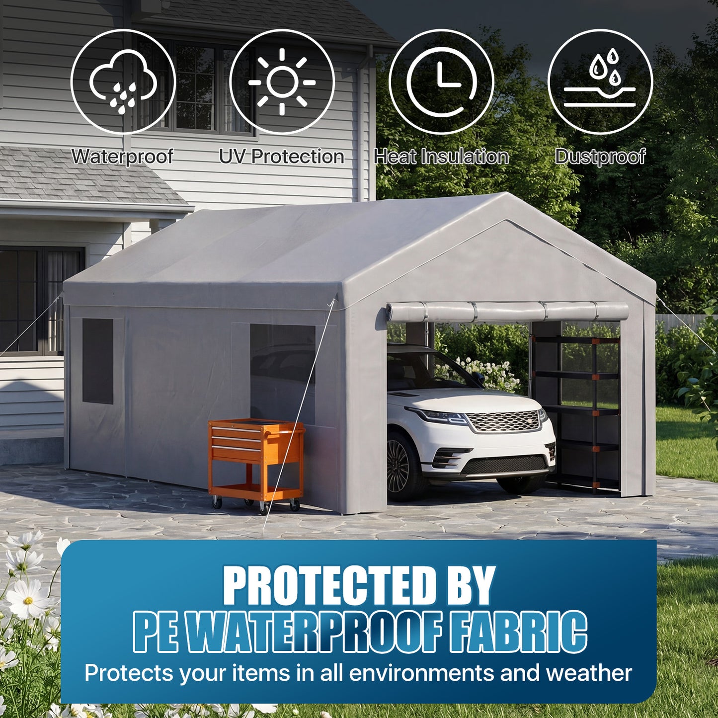 Sunmthink 12x20ft Heavy Duty Carport Canopy, Portable Outdoor Garage with Removable Sidewalls & Roll-Up Doors, All-Weather Car Shelter for Cars, Boats, Trucks and Tools Storage, Gray