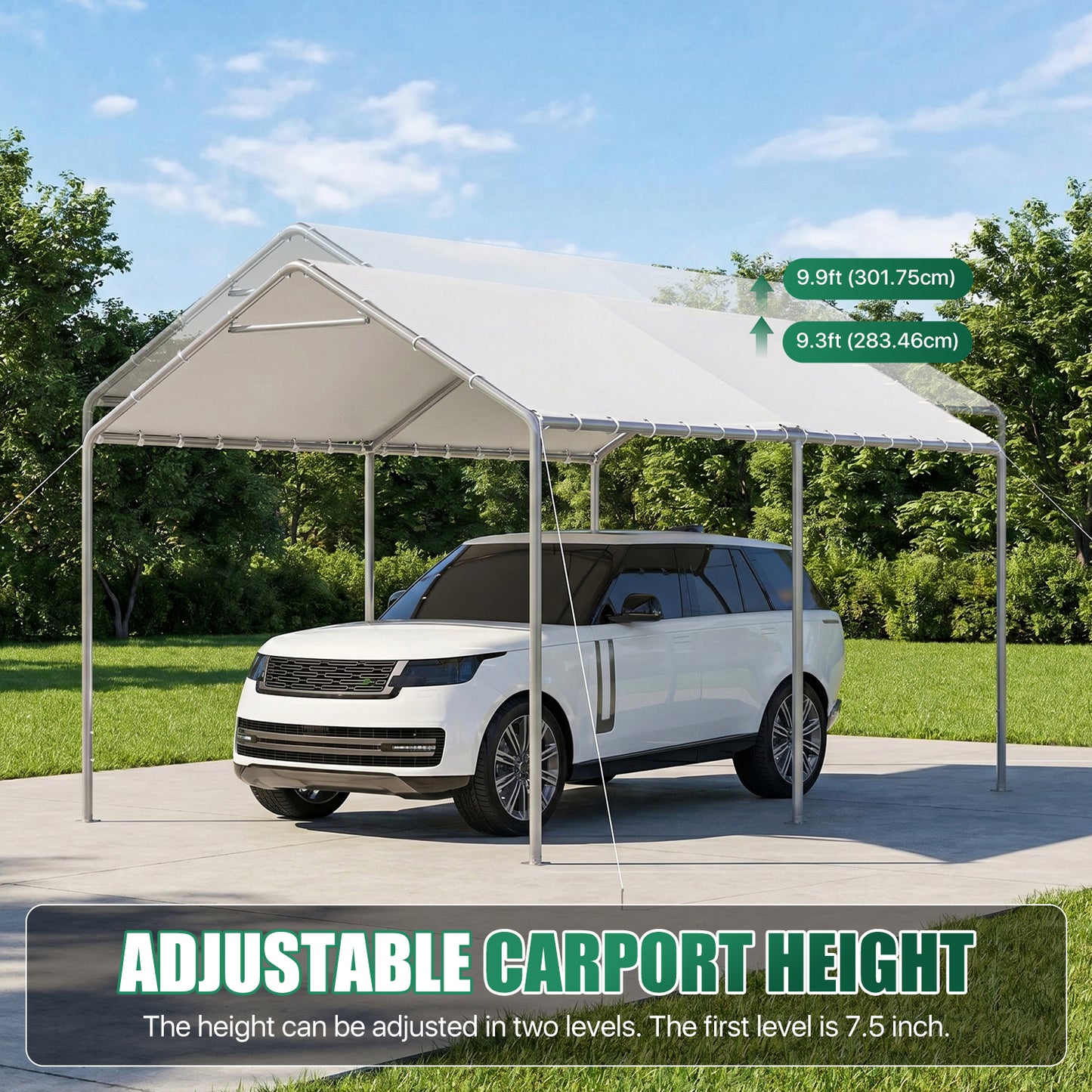 Dateyes 10x15 FT Carport, Heavy Duty Carport Canopy with Adjustable Height, Outdoor Carport Shelter with Reinforced Frame, Portable Garage for Cars, Boats and Trucks, White
