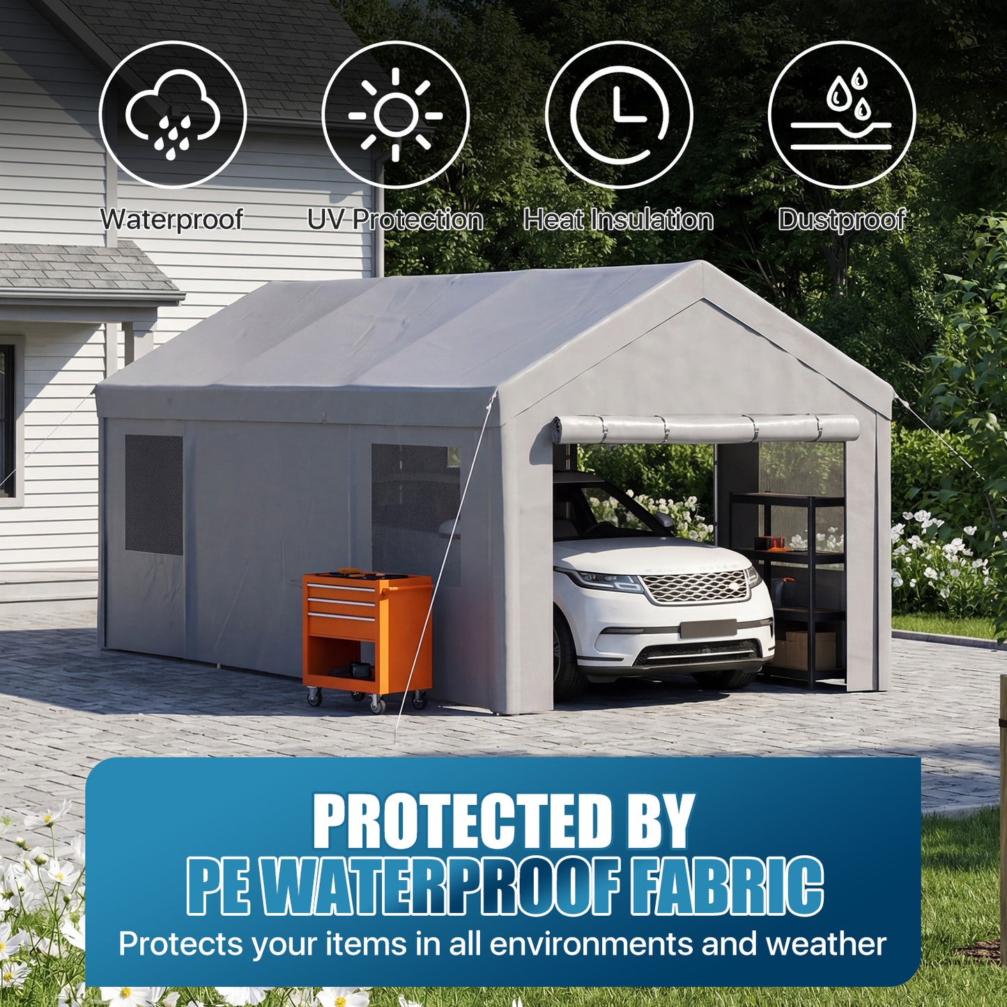 Sunmthink 10x20ft Heavy Duty Carport Canopy, Portable Outdoor Garage with Removable Sidewalls & Roll-Up Doors, All-Weather Car Shelter for Cars, Boats, Trucks and Tools Storage, Gray