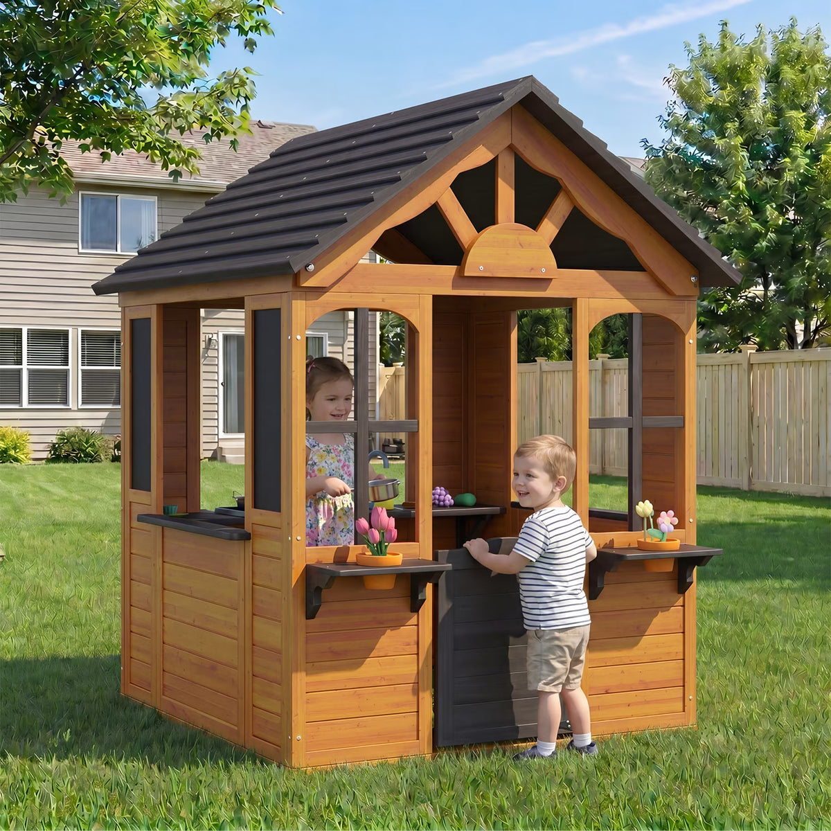 Dateyes S5-A Wooden Kids Playhouse 4x4FT Brown Gable Roof, Indoor Outdoor Play Cottage with Complete Kitchen Toys