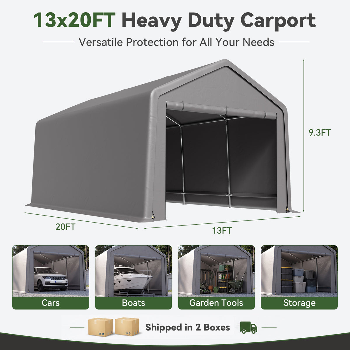 Aoxun 13x20 FT Carport Shed, Portable Storage Shed with Roll-Up Door & Window, Waterproof Storage Tent With Galvanized Steel Frame for Cars, Boats, Trucks and Tools Storage