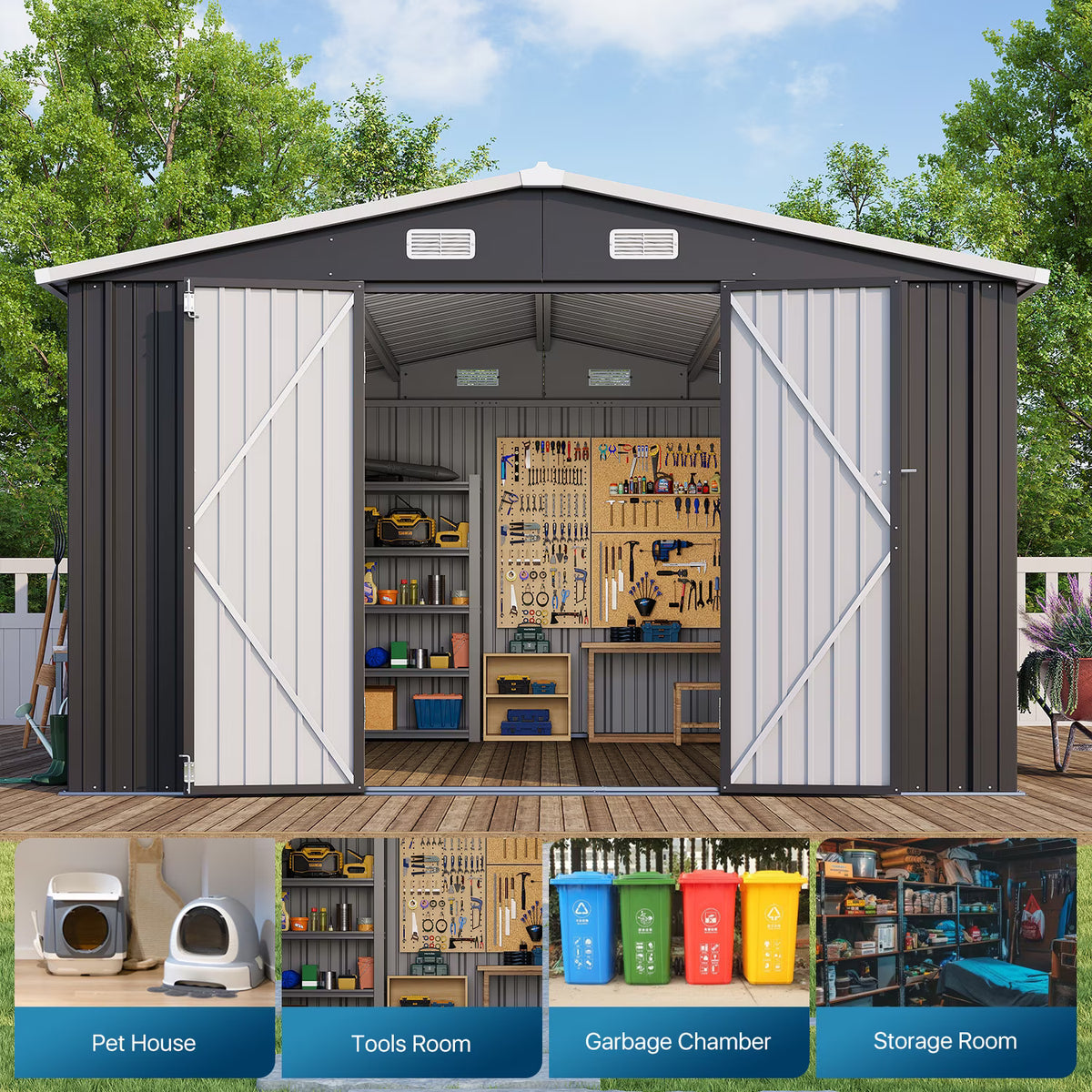 LazySunsets 10 x 12FT Shed Outdoor Storage Shed with Double Door, Large Metal Shed with Lockable Door & Sloped Roof for Garden, Backyard, Patio and Backyard, Black