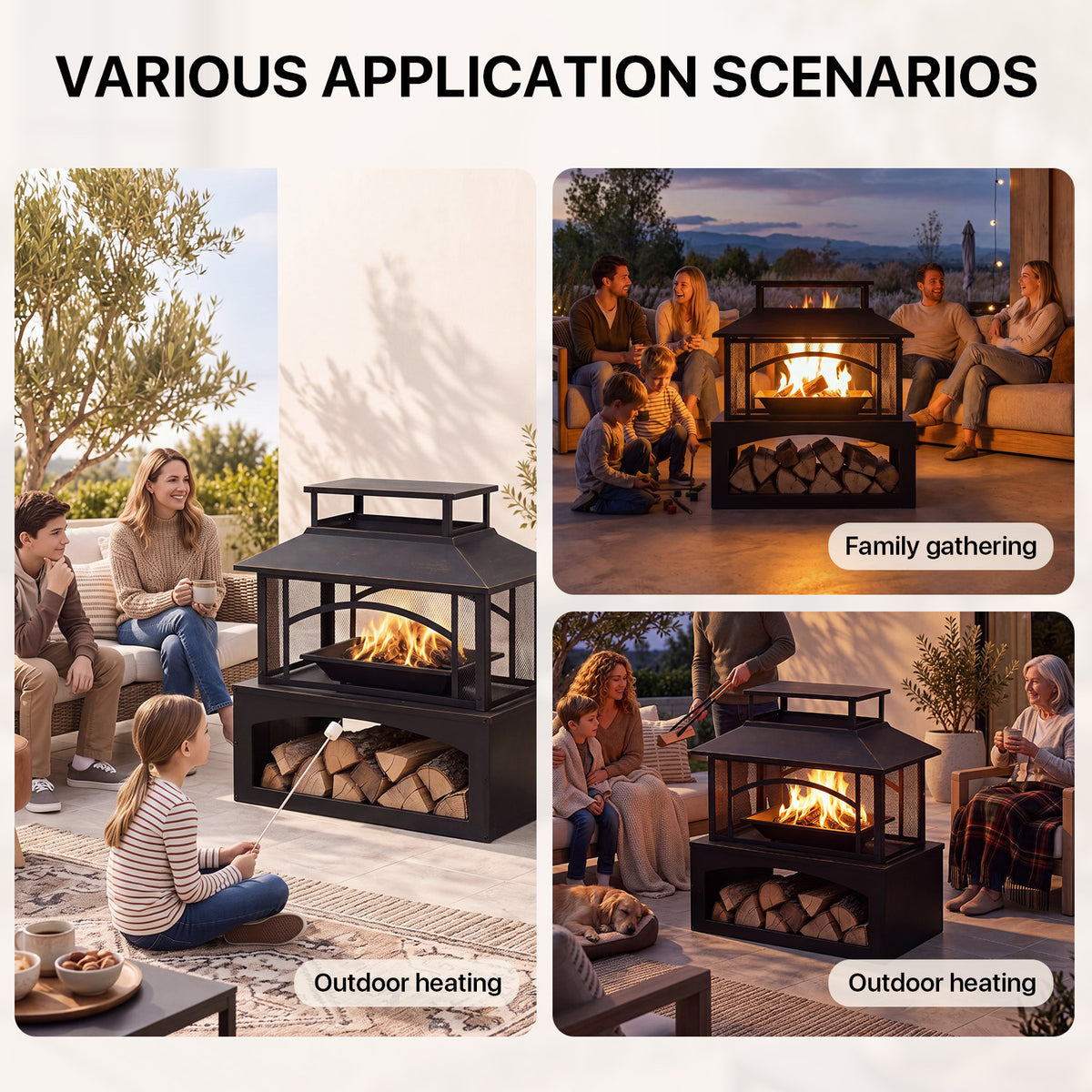 LazySunsets 32 Inch Outdoor Steel Fire Pit with Built‑in Log Storage, 360 Degree Safety Mesh Screen, Large Wood Burning Fireplace for Backyard Patio Garden Party, Black