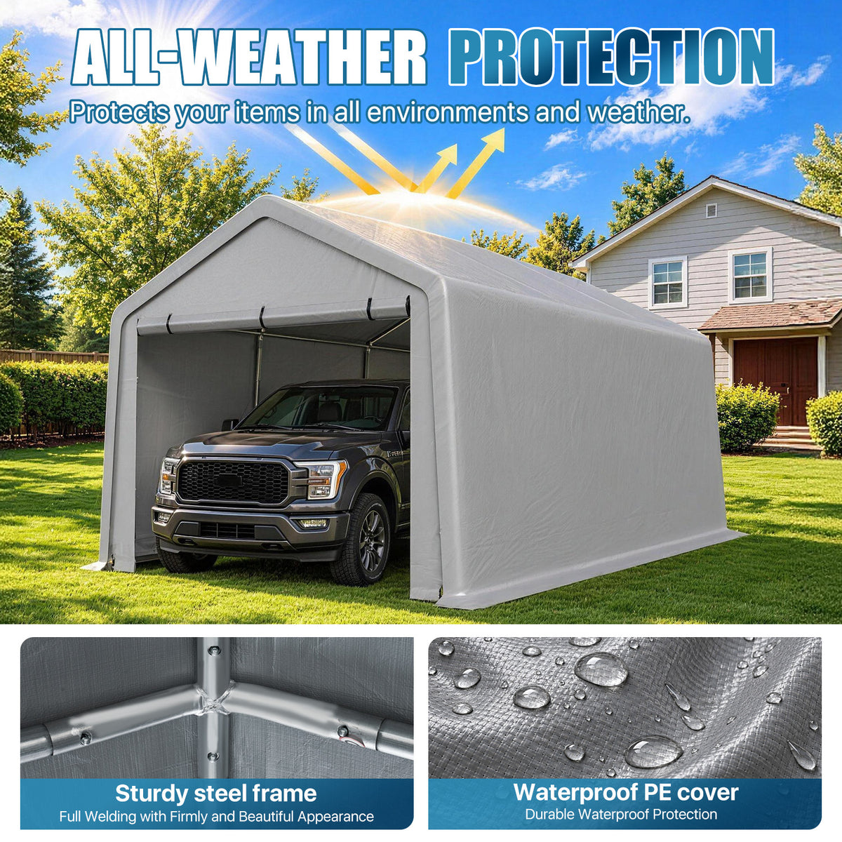 Sunmthink 13x20 FT Outdoor Carport Shed, Portable Storage Sheds with Roll-Up Door, Waterproof Storage Tent with Galvanized Steel Frame & Durable Tarp Cover for Cars, Boats, Trucks and Tools Storage
