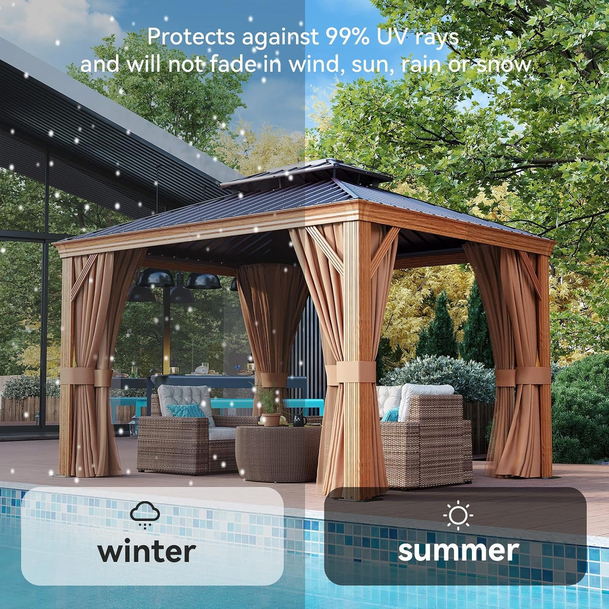 Clouddwell 10' x 12' Hardtop Gazebo, Aluminum Outdoor Gazebo with Galvanized Steel Double Roof, Hidden Gutter System, Privacy Curtains & Mosquito Netting
