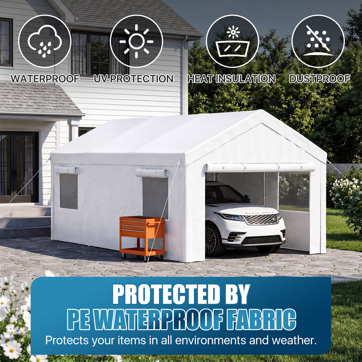 Dateyes 12x20ft Heavy Duty Carport Canopy, Portable Garage Car Canopy with Removable Sidewalls, Car Shelter for Cars, Boats, and Tools Storage, White