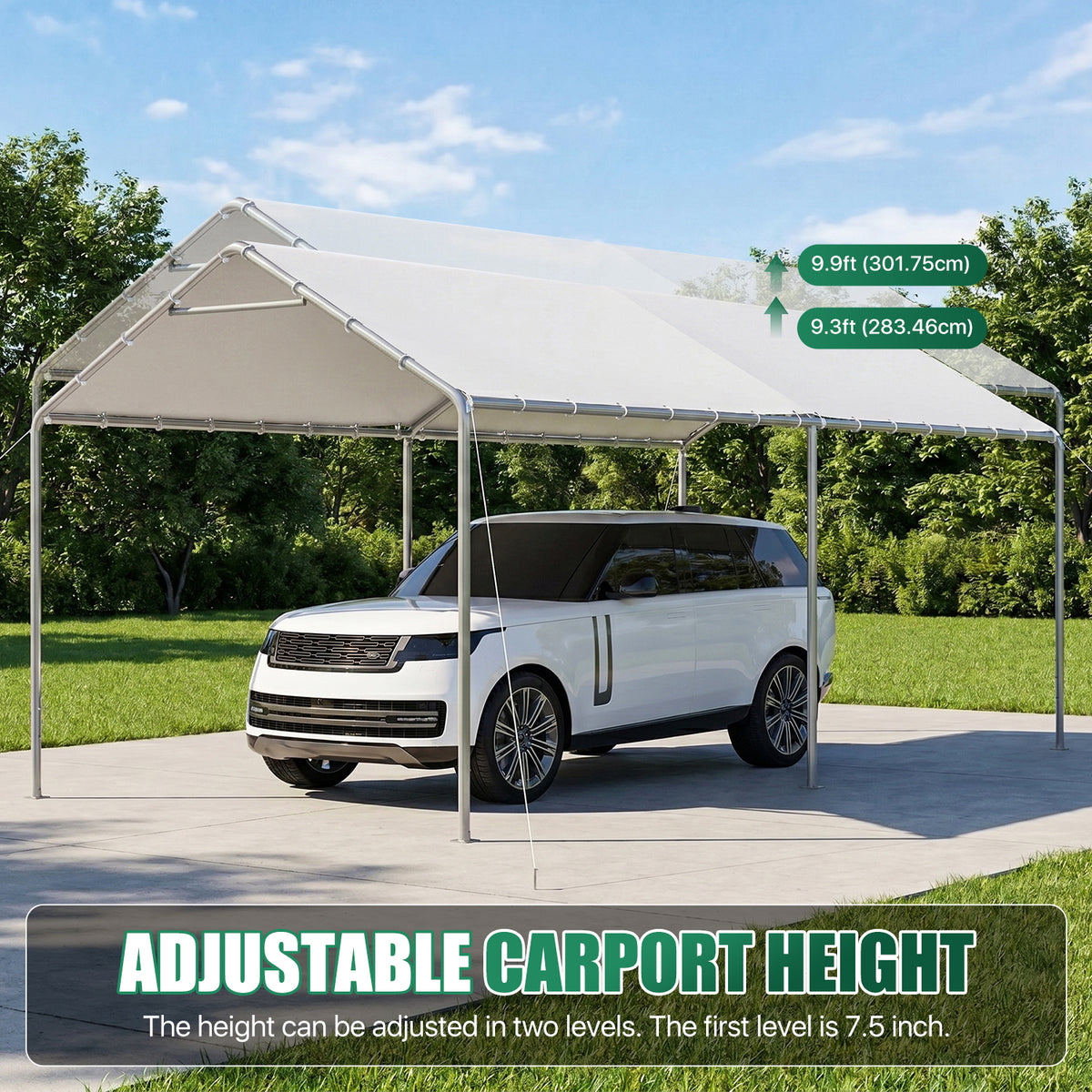 Dateyes 10x20 FT Carport, Heavy Duty Carport Canopy with Adjustable Height, Outdoor Carport Shelter with Reinforced Frame, Portable Garage for Cars, Boats and Trucks, White