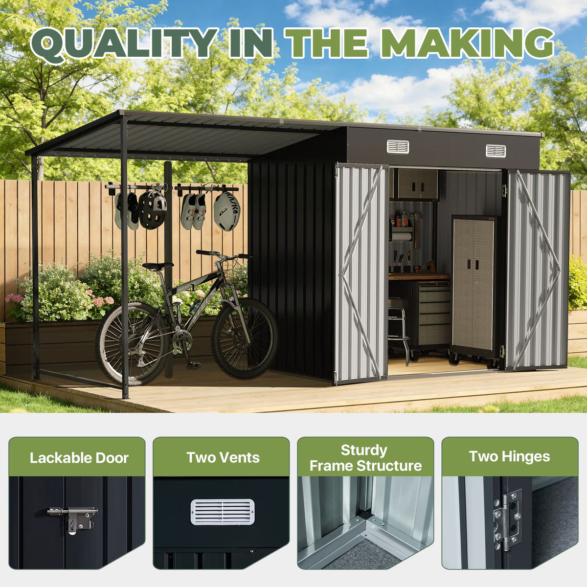 Dateyes Open-Sided Storage Shed with Hardtop Pergola, 6x4 FT Shed and Outdoor Storage with 48 Sq.ft Covered, 2-in-1 Metal Shed, Black