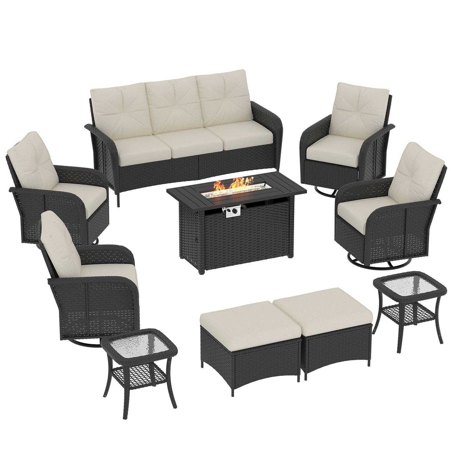 Clouddwell 10 Pieces Outdoor Patio Furniture Set, Rattan Wicker Sectional Swivel Rocker Chairs Sets with Fire Pit