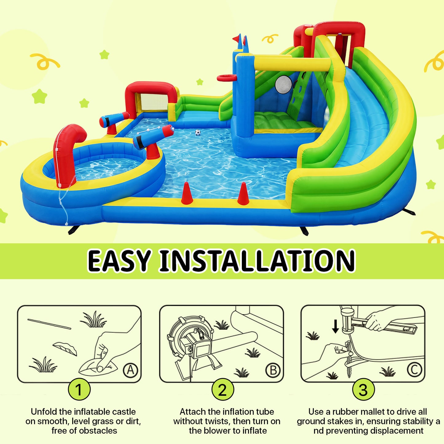 Clouddwell Inflatable Water Slide for Kids with 450W Blower, 8 in 1 Water Park Bounce House for Outdoor Summer Fun, Large Water Park, 14x17FT