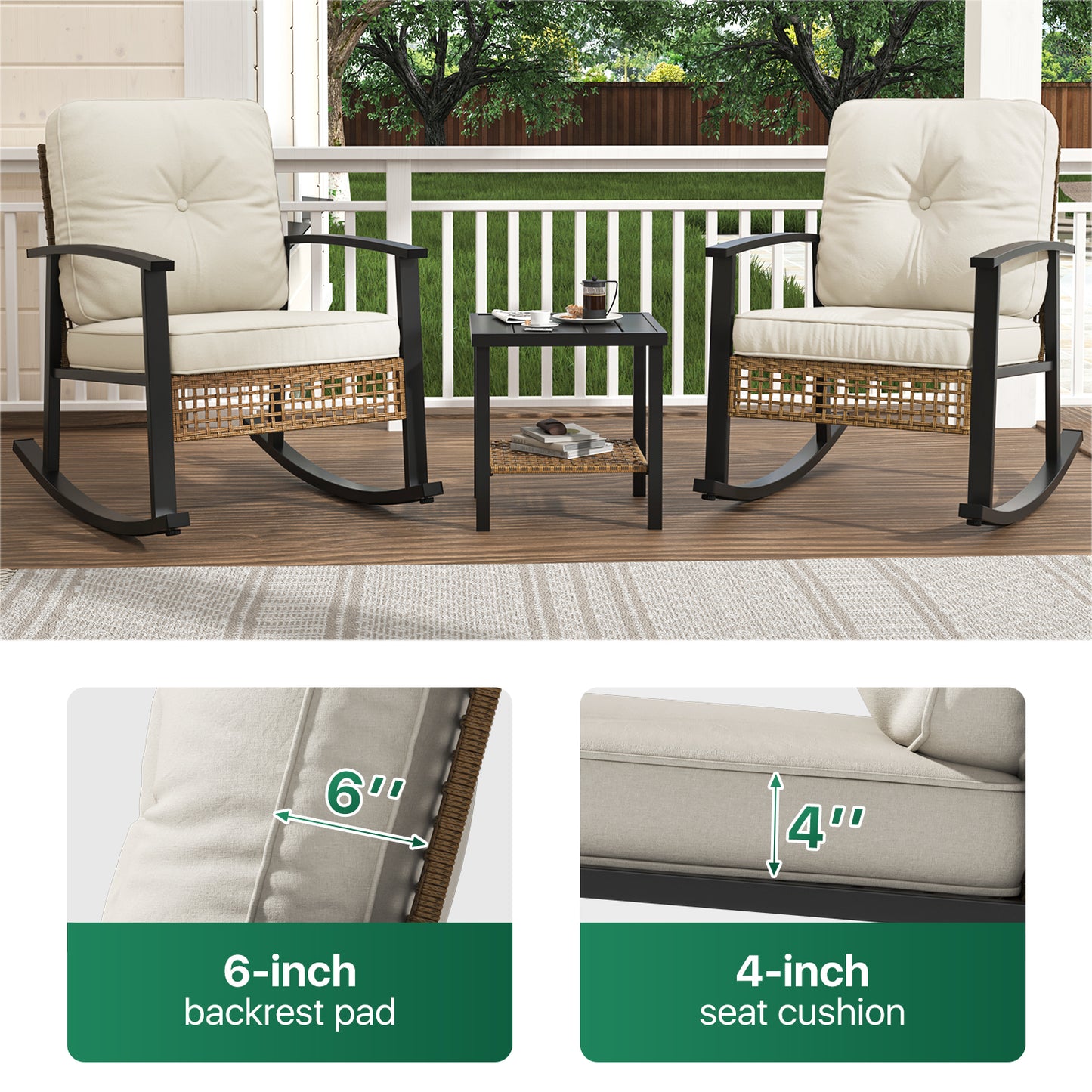 Clouddwell 3-Piece Patio Furniture Set,Steel Rocking Chair with Comfortable Cushions and Coffee Table.for Garden,Yard off-White
