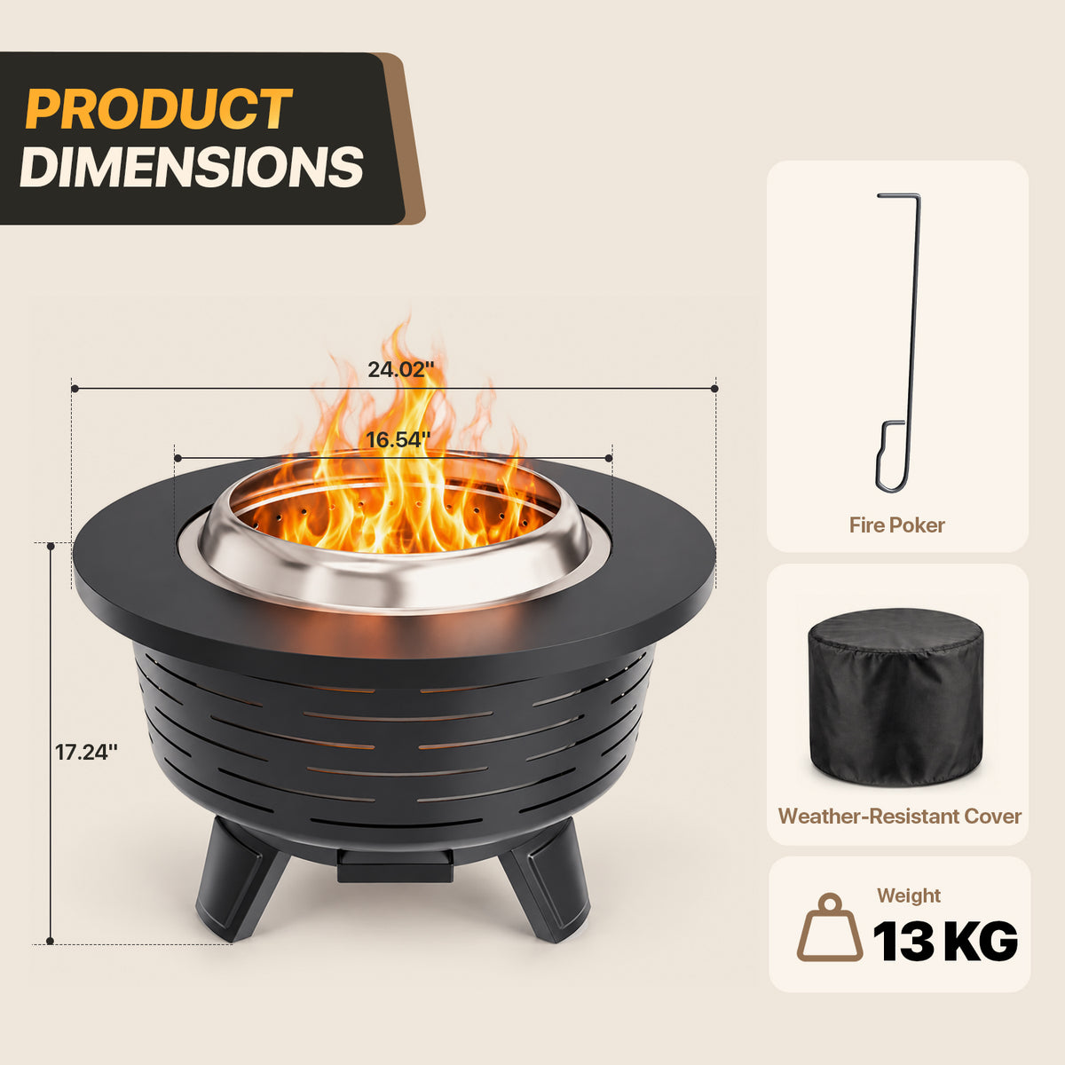 BaPiPro 25" Black Smokeless Fire Pit HR-A, Outdoor Wood Burning Fire Stove with Fire Poker and Rain Cover for Backyard Patio Heating