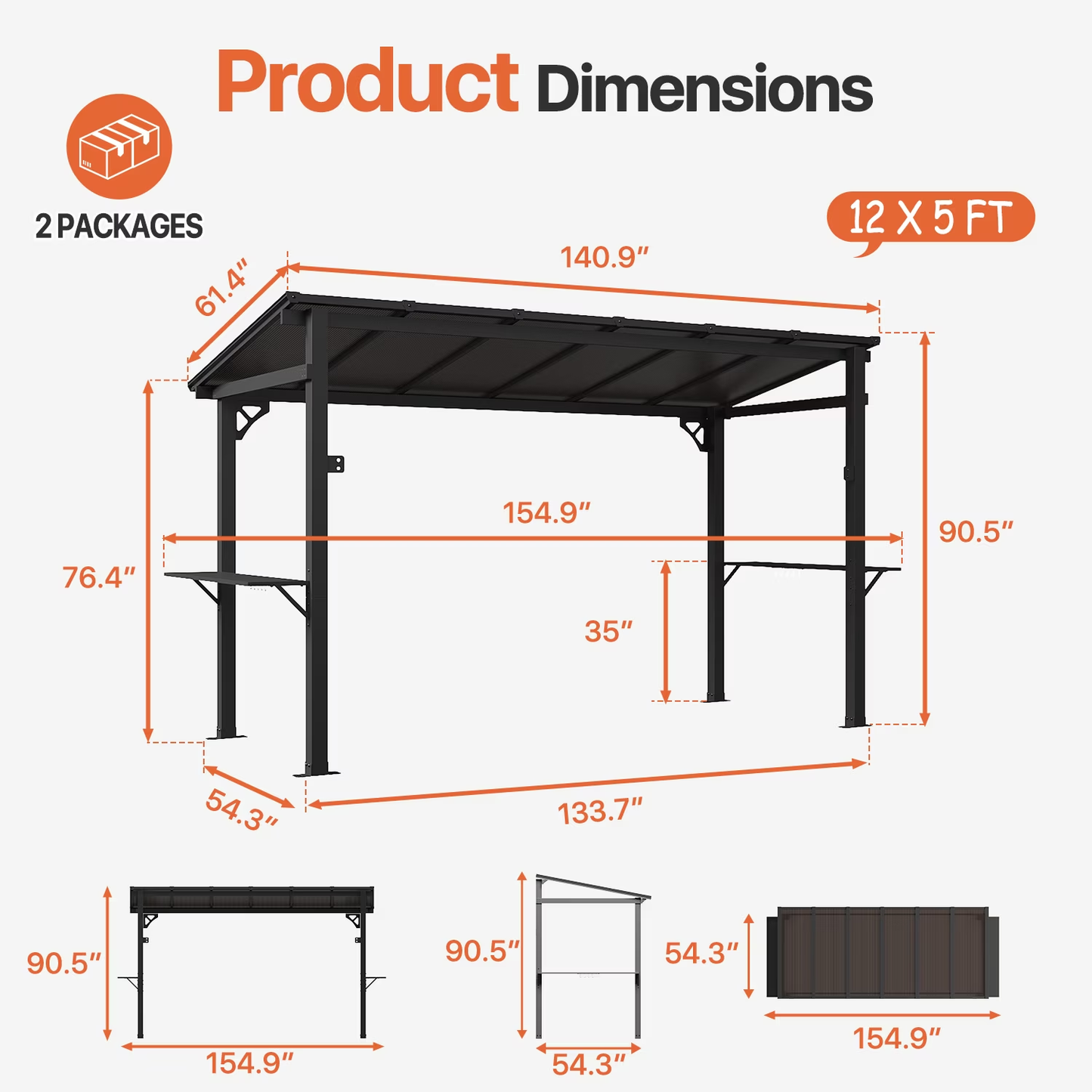 Clouddwell 12'x5.5' Permanent Metal Gazebo,Outdoor BBQ Canopy with Polycarbonate Panel & Sloping Steel Roof, Grill Shelter with 2 Side Shelves and Hooks for Patio, Backyard, Deck