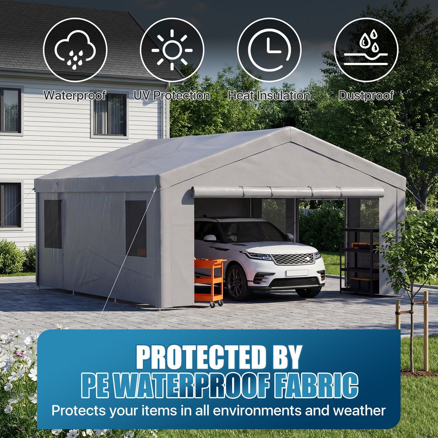 Sunmthink 20x20ft Heavy Duty Carport Canopy, Portable Outdoor Garage with Removable Sidewalls & Roll-Up Doors, All-Weather Car Shelter for Cars, Boats, Trucks and Tools Storage, Gray