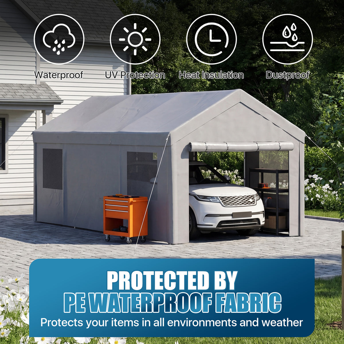 Dateyes 10x20ft Heavy Duty Carport Canopy, Portable Outdoor Garage with Removable Sidewalls & Roll-Up Doors, All-Weather Car Shelter for Cars, Boats, Trucks and Tools Storage, Gray