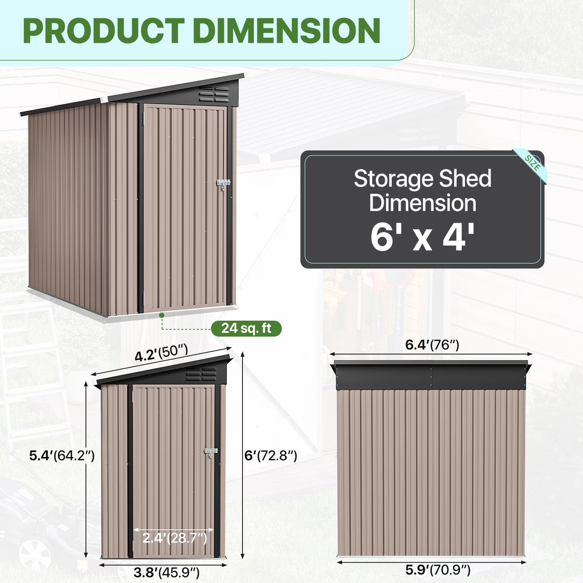 LazySunsets 6 x 4 ft Lean to Storage Shed, Outdoor Metal Storage Cabinet with Vent for Patio, Brown