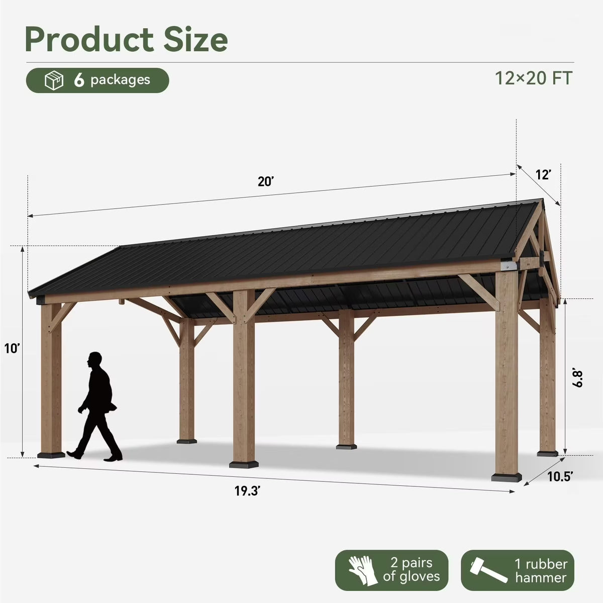 Sunmthink 12' x 20' Outdoor Wood Gazebo, Hardtop Gazebo Permanent Wooden Pavilion with Galvanized Steel Gable Roof, for Patio, Garden, Deck, Cedar Wood