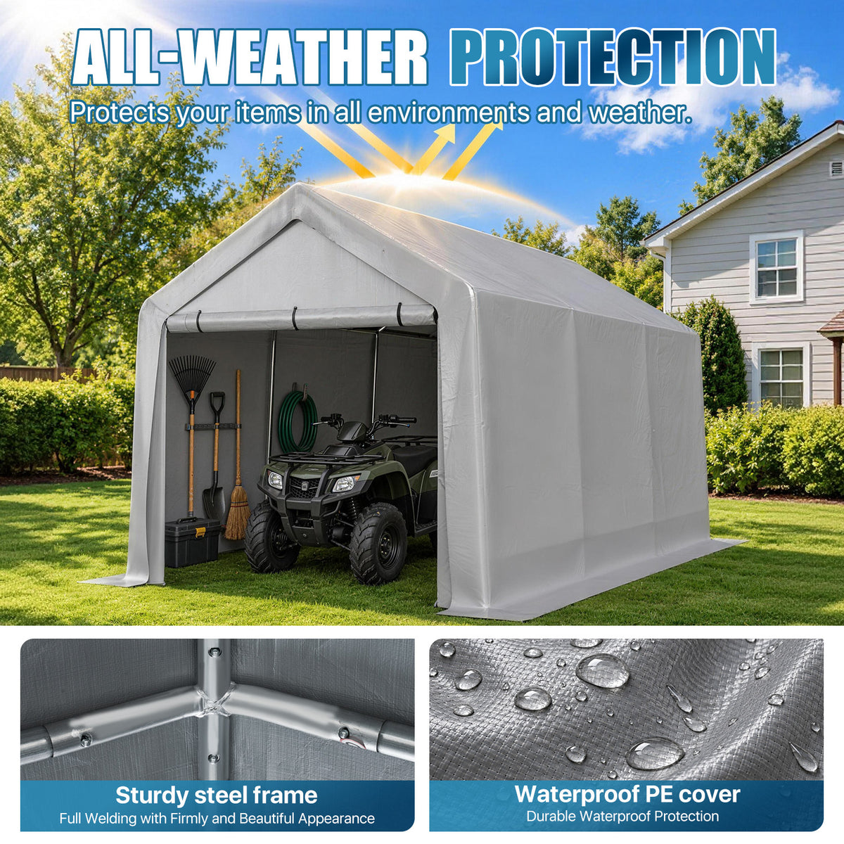Sunmthink 8x14 FT Outdoor Carport Shed, Portable Storage Sheds with Roll-Up Door & Window, Motorcycle Shelter with Galvanized Steel Frame & Durable Tarp Cover for Bike, Lawn Equipment