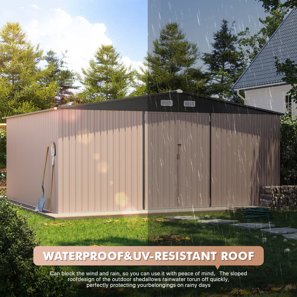 LazySunsets 12 x 14FT Shed Outdoor Storage Shed with Double Door, Large Metal Shed with Lockable Door & Sloped Roof for Garden, Backyard, Patio and Backyard, Brown