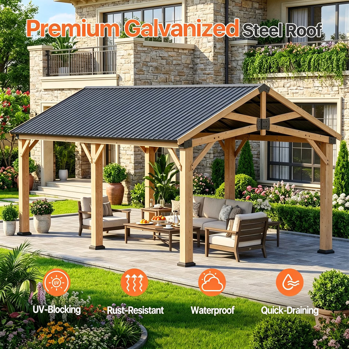 Sunmthink 12' x 20' Cedar Wood Gazebo, Hardtop Gazebo with Galvanized Steel Gable Roof, Permanent Wooden Pavilion for Patio Backyard Lawn Garden