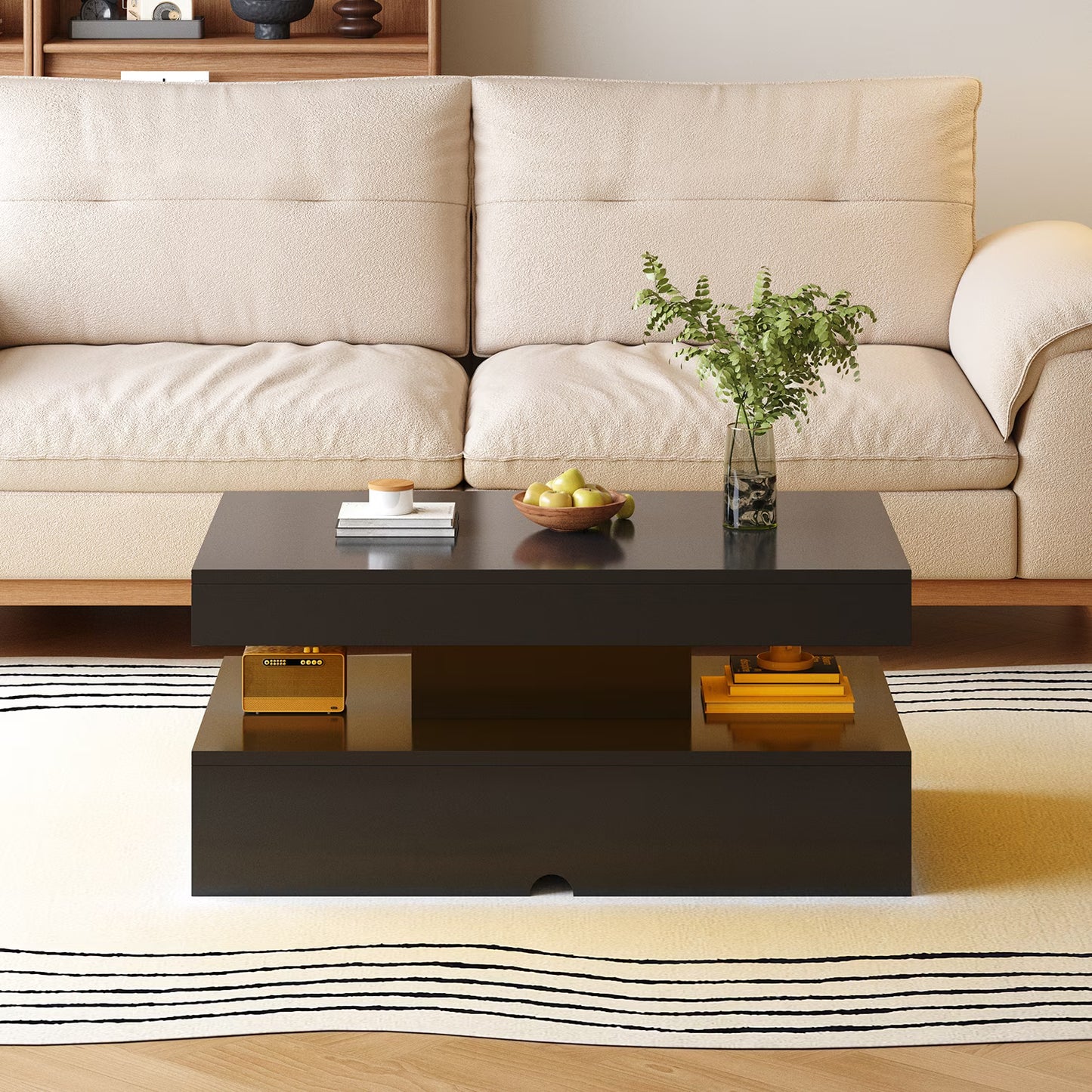 Sonegra 39" High-Glossy LED Coffee Table, Storage Coffee Table with 2 Sliding Drawers for Living Room, Modern Stylish Double-Layer Center Tables with LED Lights, Black