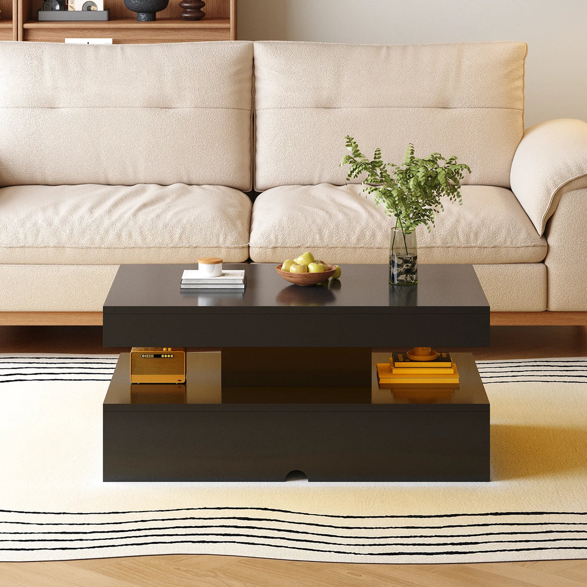 Sonegra 39" High-Glossy LED Coffee Table, Storage Coffee Table with 2 Sliding Drawers for Living Room, Modern Stylish Double-Layer Center Tables with LED Lights, Black