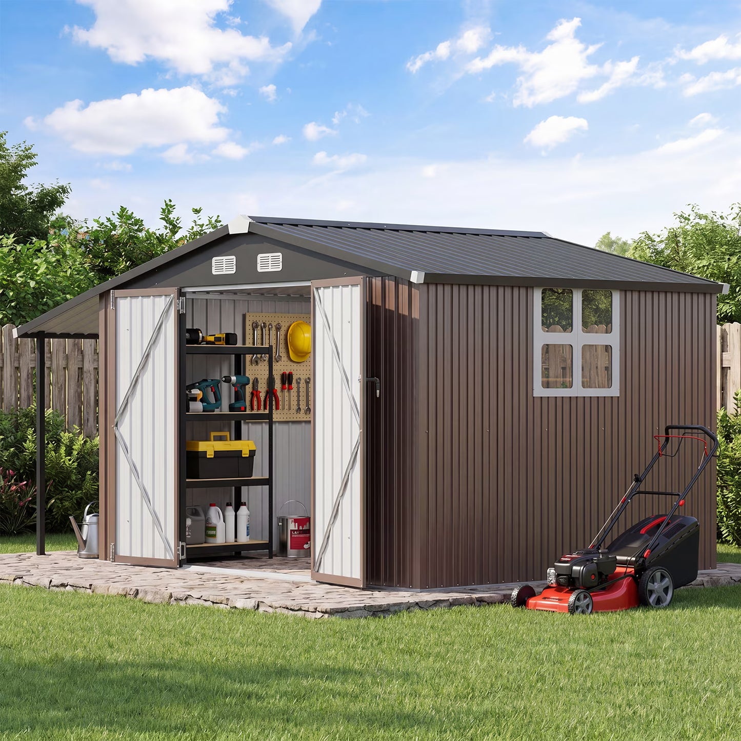 Clouddwell Metal Storage Shed with Hardtop Pergola 12x8 ft 2-in-1,91 Sq. Ft Outdoor Tool Shed for Backyard