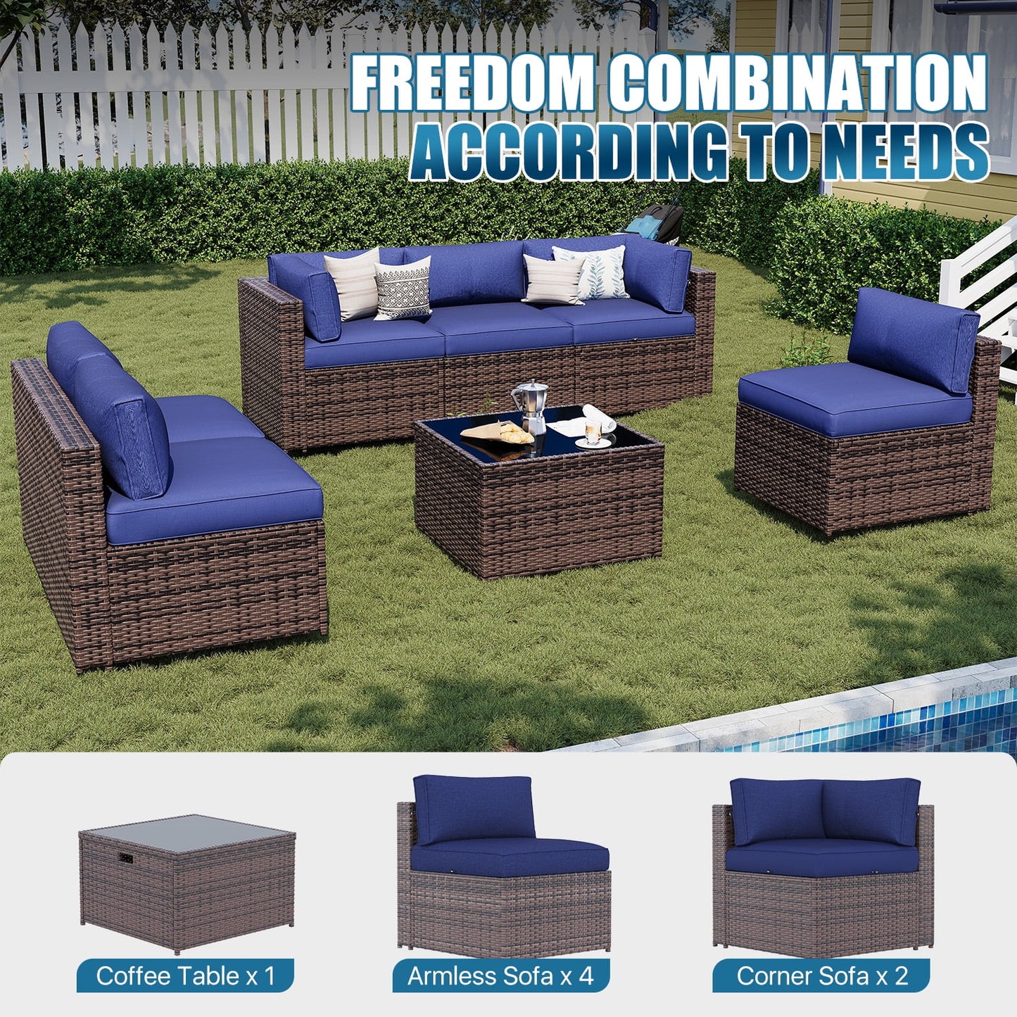 Sunmthink Patio Furniture Sets, 7-Piece Outdoor Patio Furniture with Thick Cushions, Wicker Outdoor Conversation Set and Waterproof Cover for Backyard, Poolside, Garden