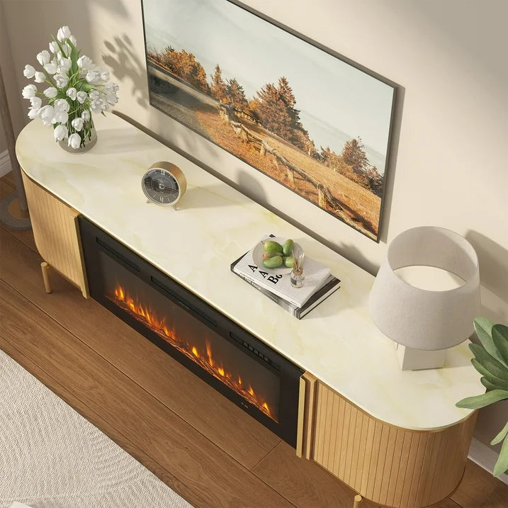 Sonegra 70" Fireplace TV Stand, Modern Entertainment Center for TVs Up to 80", TV Console Table for Living Room, Media Cabinet with Storage,70 Inch, Oak