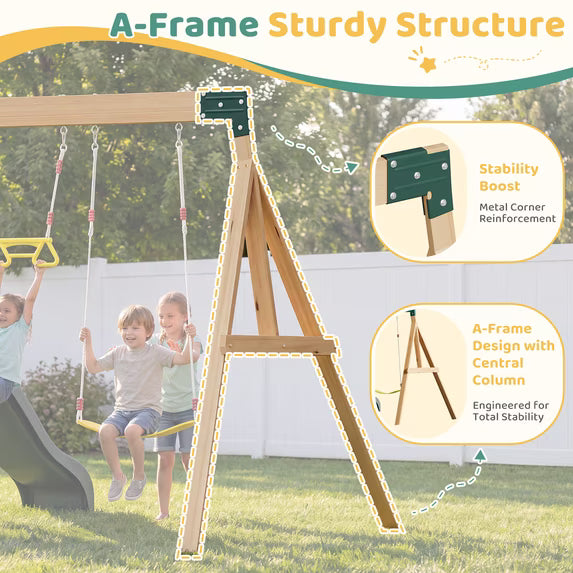 Clouddwell Wooden Swing Sets for Backyard – Outdoor Playset with Wave Slide, Raised Clubhouse, Wooden Bridge, Rock Wall, Belt Swings, Web Swing, Trapeze, Balcony, Climbing Wall & Ladder
