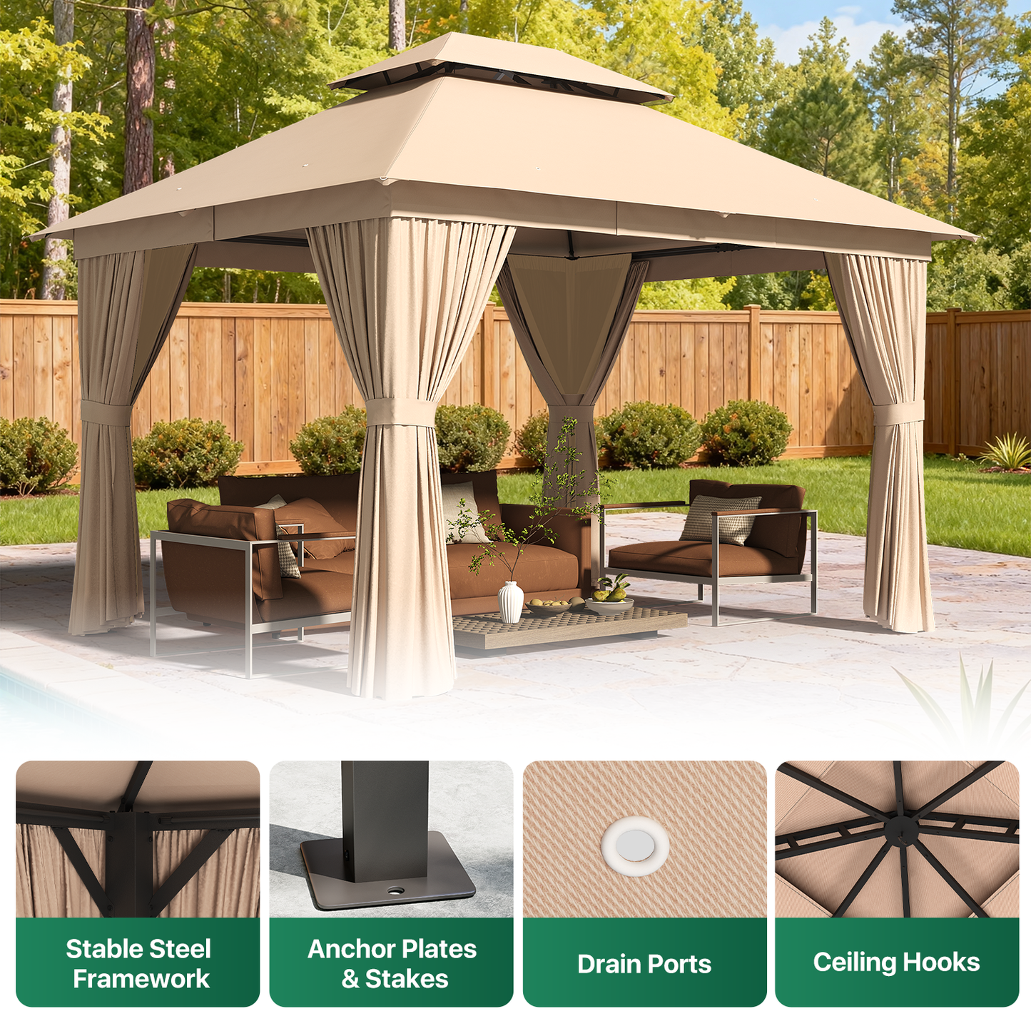 Clouddwell 10'x12' Patio Gazebo Double Roof Protection All-Weather Outdoor Shelter Features Insect Screens & Privacy Curtains Ideal for Backyard, Lawn, (Beige)