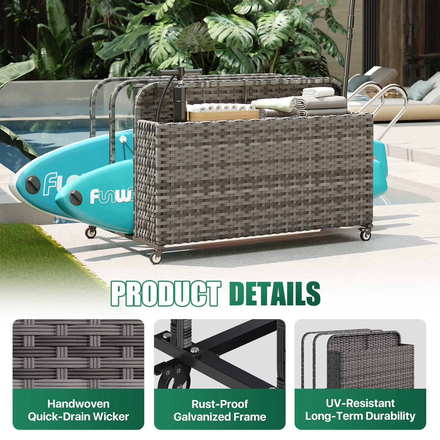 Clouddwell 3-Layer Outdoor PE Wicker Rattan Patio & Poolside Storage Basket with Rolling Wheels, Gray