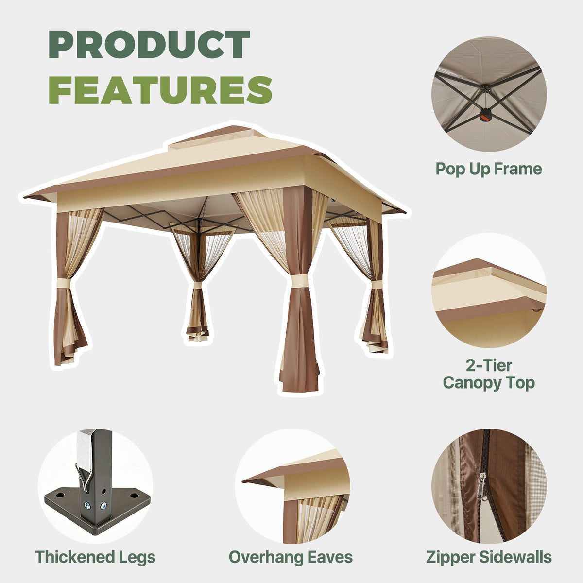 Dateyes 12x12 FT Pop Up Gazebo, Outdoor Gazebo Canopy with Mosquito Netting, 3 Adjustable Heights, Portable Patio Gazebo Tent for Backyard, Patio, Brown