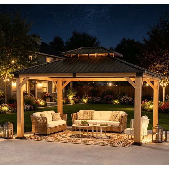Clouddwell 12' × 14' Cedar Wood Hardtop Gazebo with Ventilated Double-Tier Metal Roof for Outdoor Patio & Backyard