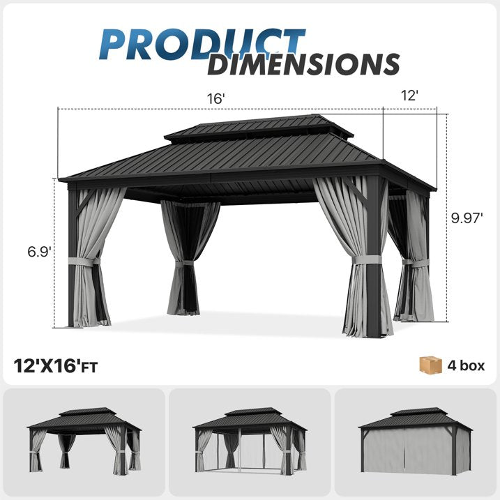 Sumnthink 12'x16' Hardtop Gazebo, Steel Double Galvanized Top Canopy, Aluminum Frame Permanent Pavilion Metal Gazebo with Netting and Curtains, for Patio, Garden, Lawn
