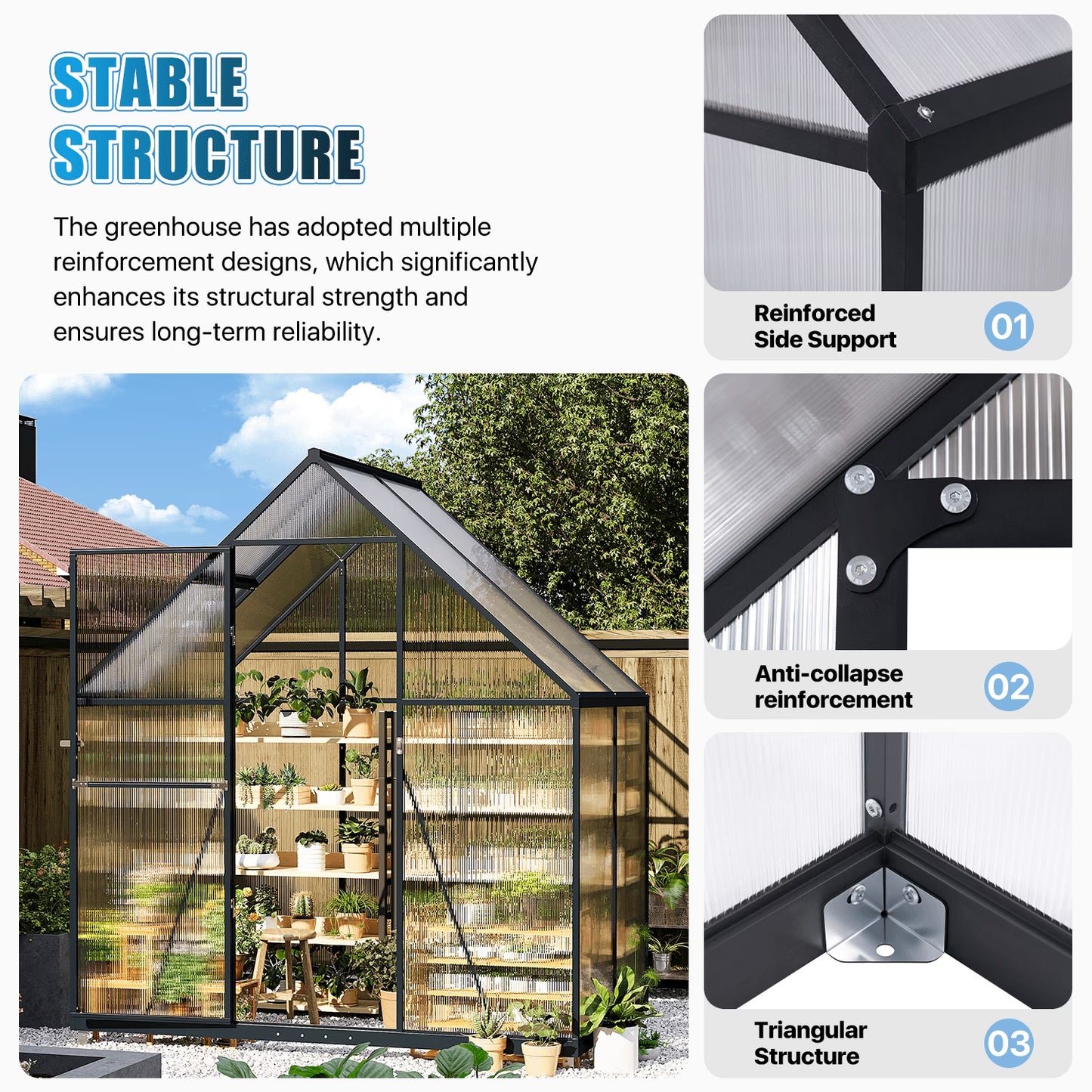 Clouddwell 4x6 ft Polycarbonate Panels Outdoor Greenhouse Sturdy Aluminum Frame, Large Walk-in Greenhouse UV Protection