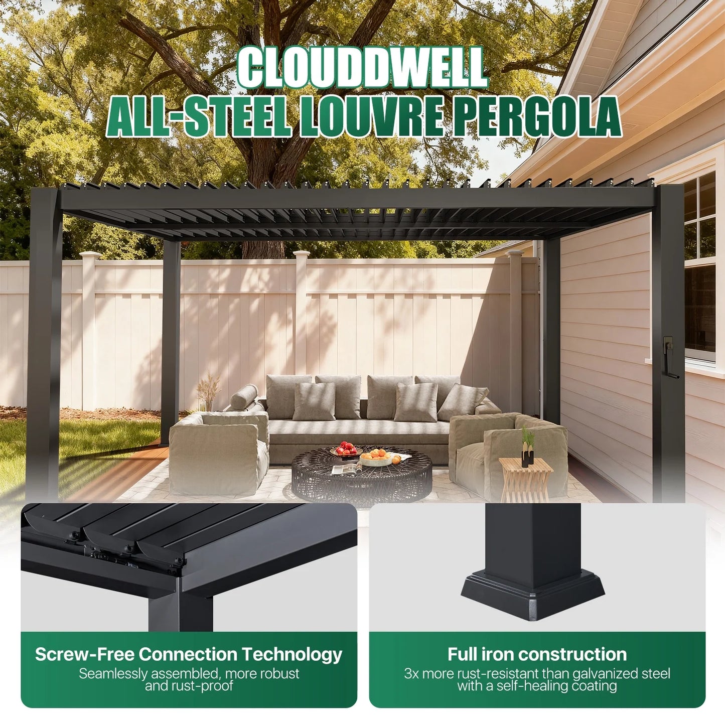 Clouddwell Louvered Pergola with Adjustable Top, 13'x10' Outdoor Metal Pergola, Gray, for Patio, Garden and Backyard