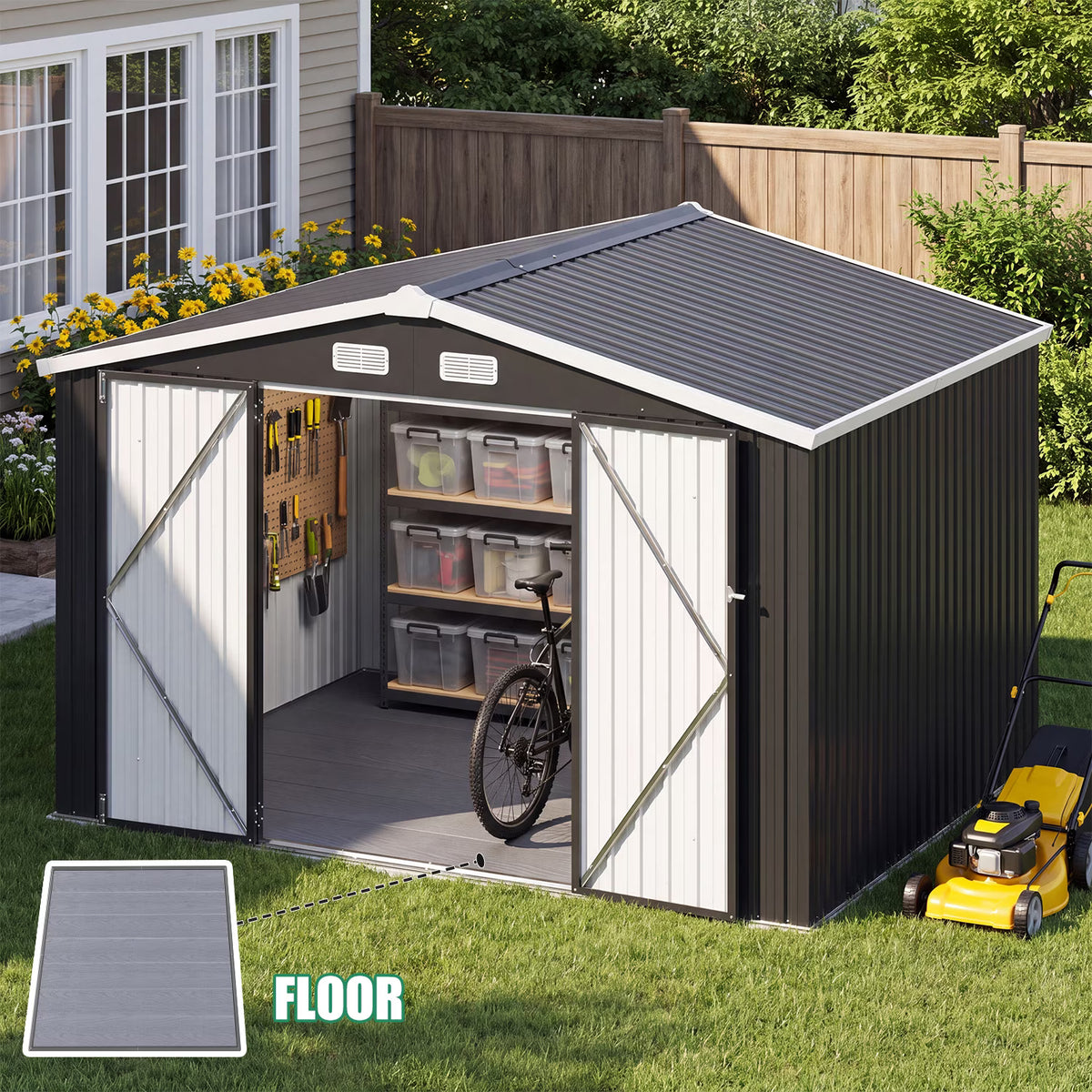 Clouddwell 10x8 FT Outdoor Metal Storage Shed with Floor (12mm PP Floor) & Double Doors for Patio, Backyard - Black