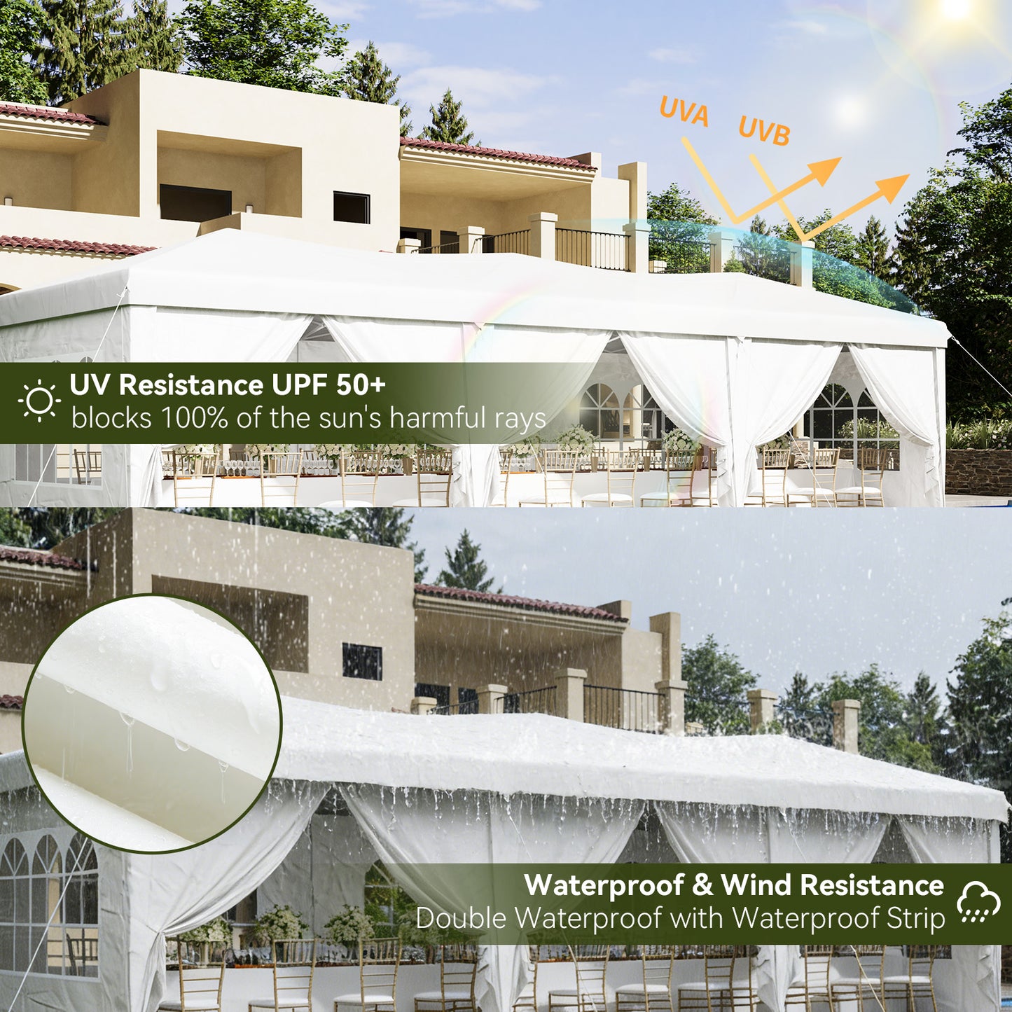 Aoxun 10x30 Pop Up Canopy Tent with 8 Removable Sidewalls, Instant Setup Party Tent Waterproof Outdoor Canopy Featuring 3 Adjustable Heights, Portable Shelter for Parties, Weddings, Commercial