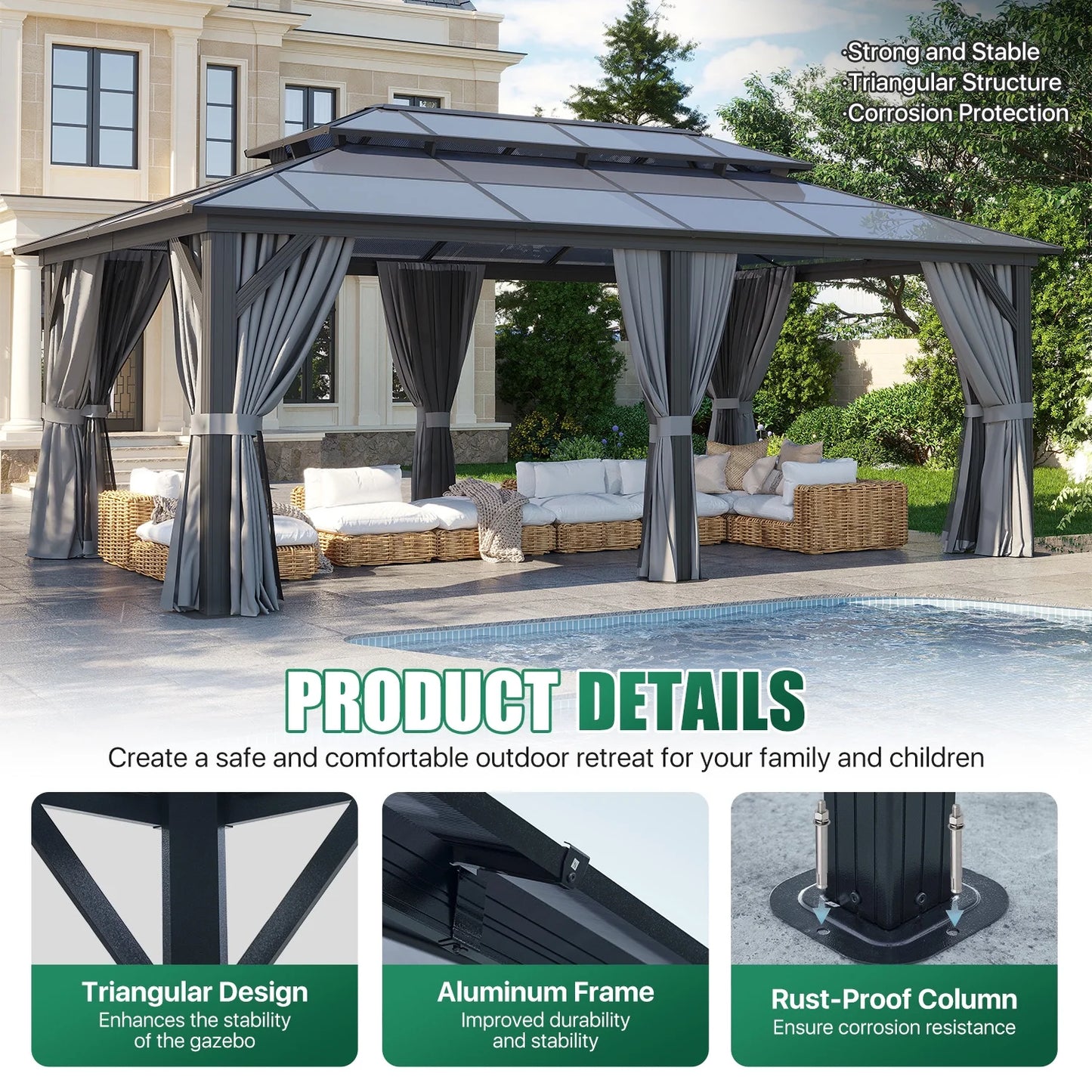 Clouddwell 12'x20' Hardtop Gazebo - Polycarbonate Double Roof with Netting & Curtains for Patio, Garden Sun Protection,Gray