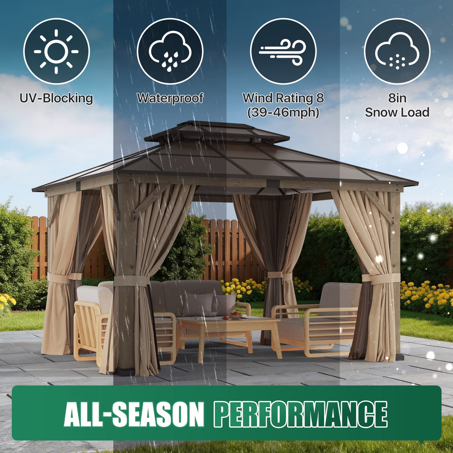Clouddwell 12'*10' Wood Gazebo,with Double-Layer Galvanized Steel Roof,Suitable for Backyard,Desk,and Lawn