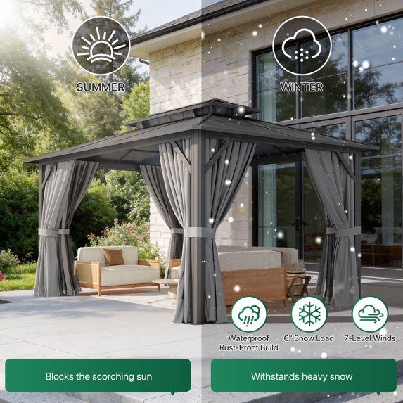 Clouddwell 10'x14' Hardtop Gazebo - Polycarbonate Double Roof with Netting & Curtains for Patio, Garden Sun Protection,Gray