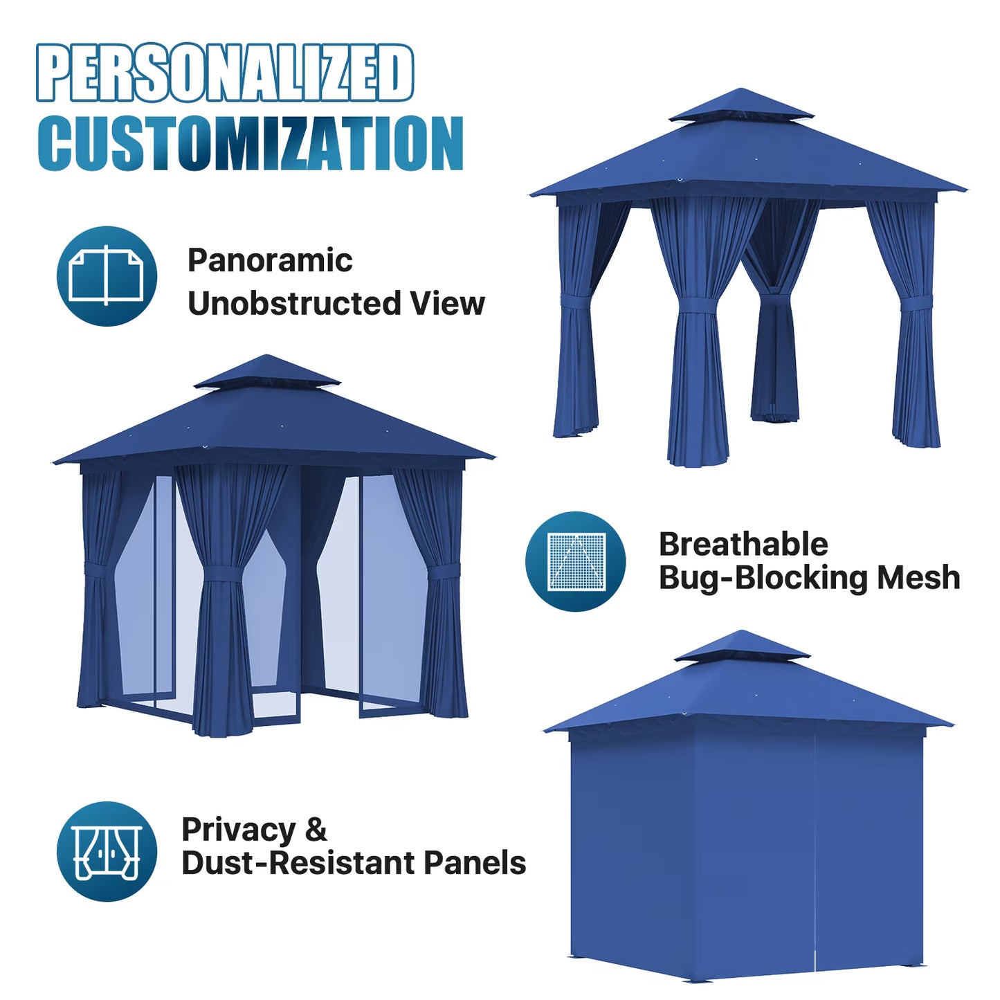 Sunmthink Outdoor Gazebo for Patio 8'x8', Metal Frame Canopy with Double Roofs, Heavy Duty Party Tent and Shelter with Mosquito Netting and Privacy Screen for Backyard,Garden,Deck (Blue)