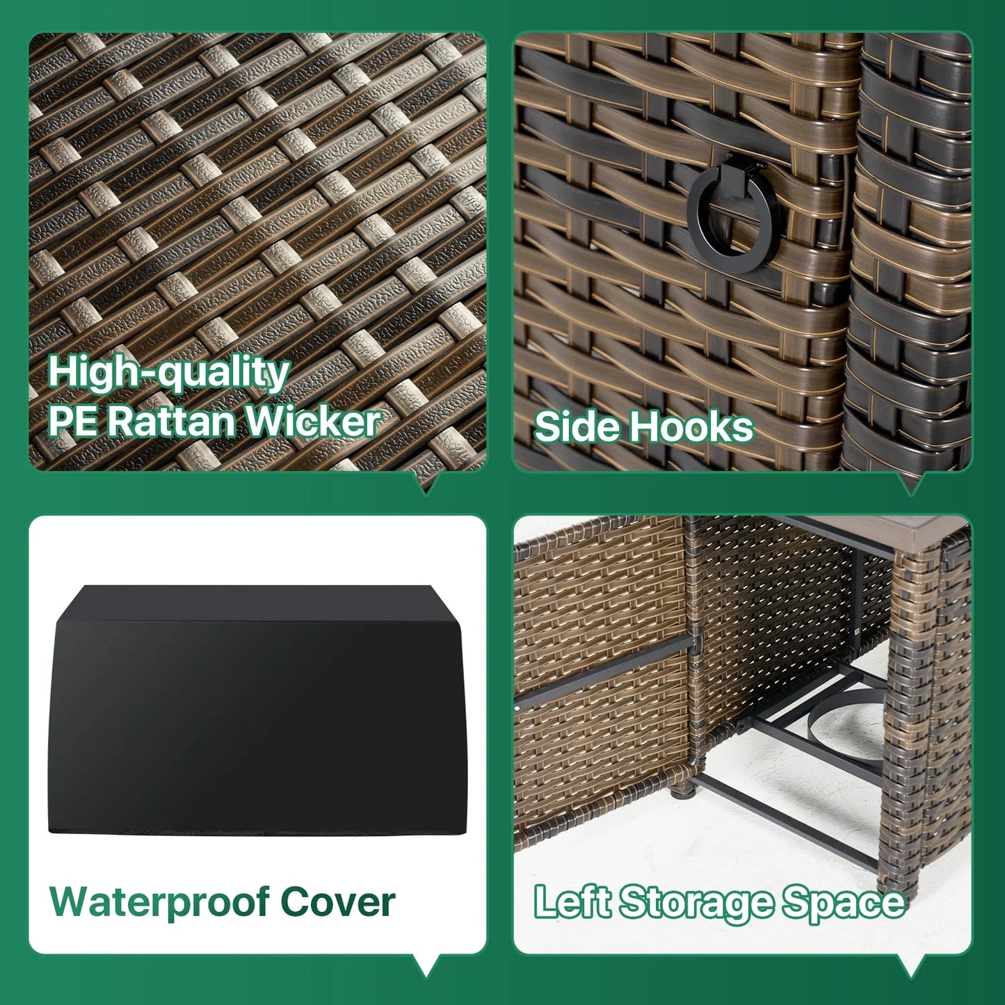 Clouddwell 8 Piece Patio Furniture Set with 44” Fire Pit Table Wicker Rattan Patio Conversation Set Outdoor Sectional Sofa Set with Coffee Table and Black Cushions(Waterproof Cover Included)