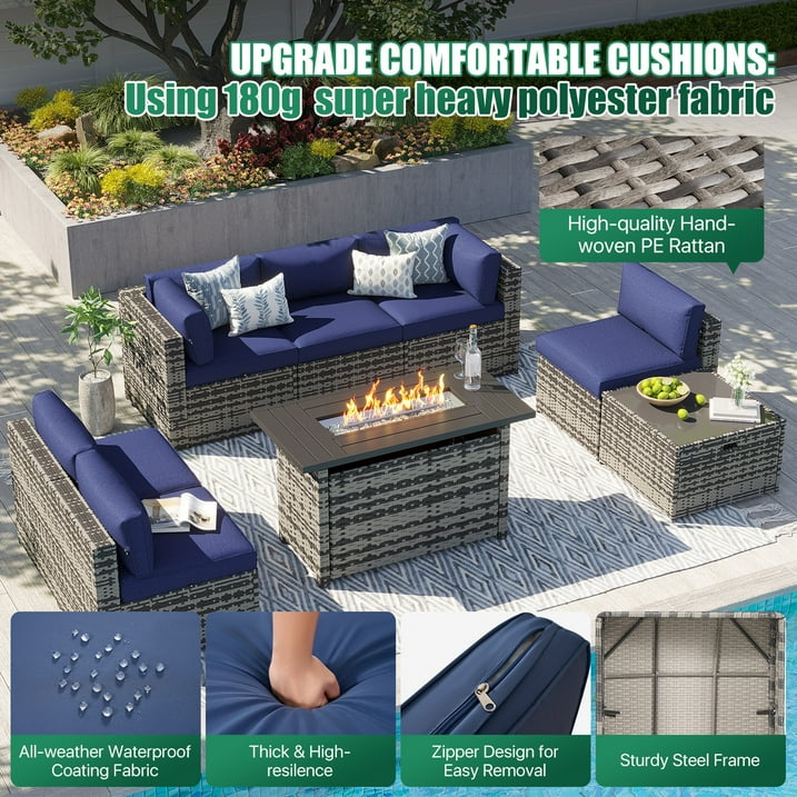 Clouddwell 8 Piece Patio Furniture Set with 44” Fire Pit Table Wicker Rattan Patio Conversation Set Outdoor Sectional Sofa Set with Coffee Table and Blue Cushions(Waterproof Cover Included)