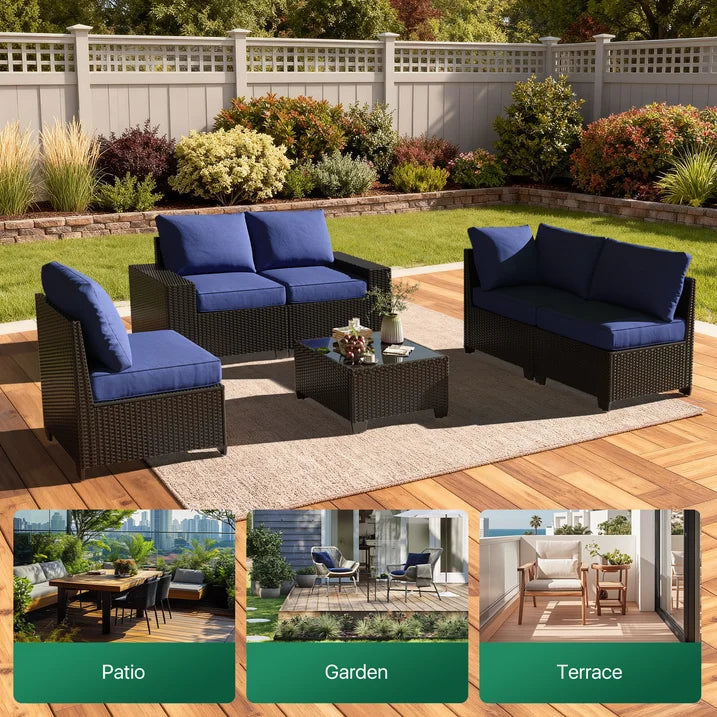 Clouddwell 6-Piece Outdoor Patio Set,4-Inch Thickened Cushions, All-Weather Wicker Sectional with Coffee Table & Custom Protective Cover Navy Blue